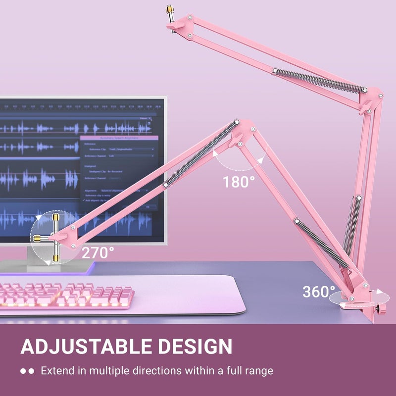 FIFINE حامل ميكروفون بوم آرم، ذراع ميكروفون مع تثبيت على المكتب للبودكاست، البث، الألعاب، استوديو المنزل، حامل ميكروفون بوم مقص معدني-CS1 وردي - Image 4